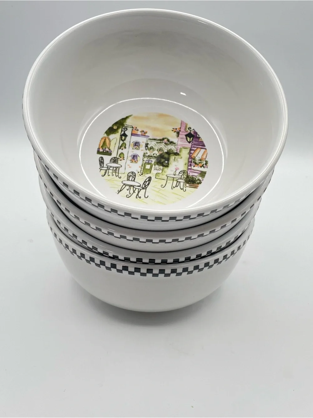 Set of 4 Bistro Cafe Scene Soup Bowls  6” Wide Black Check Border Ceramic